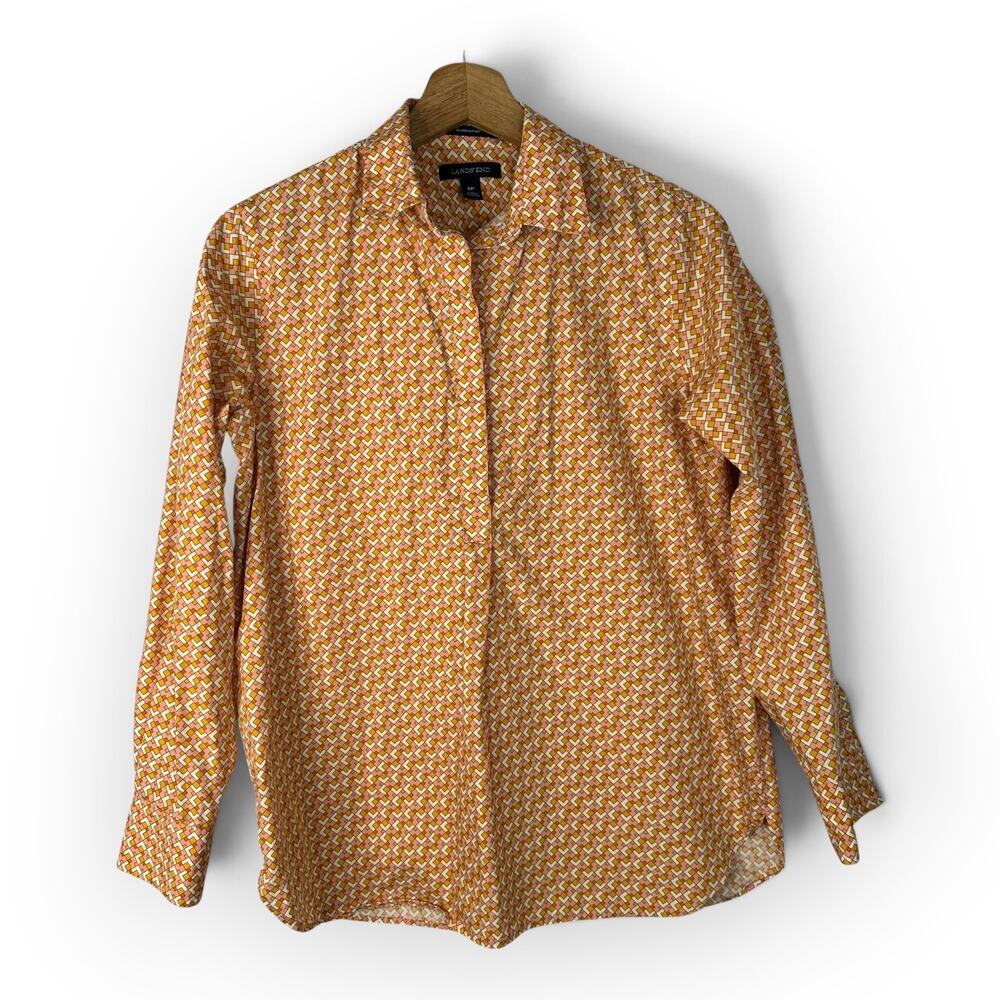 Lands End Sz 6P No Iron Supima Cotton Popover Shirt Geo Print Retro Preppy Chic